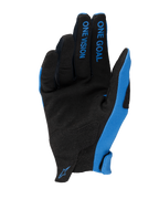 Alpinestars 2025 Radar handschoenen, motorcrosshandschoenen, blauw en zwart, zicht op de handpalm met synthetisch suède, 'ONE GOAL ONE VISION' tekst op de vingers, blauwe zijpanelen en klein logo op de pols, lichtgewicht off-road raceontwerp