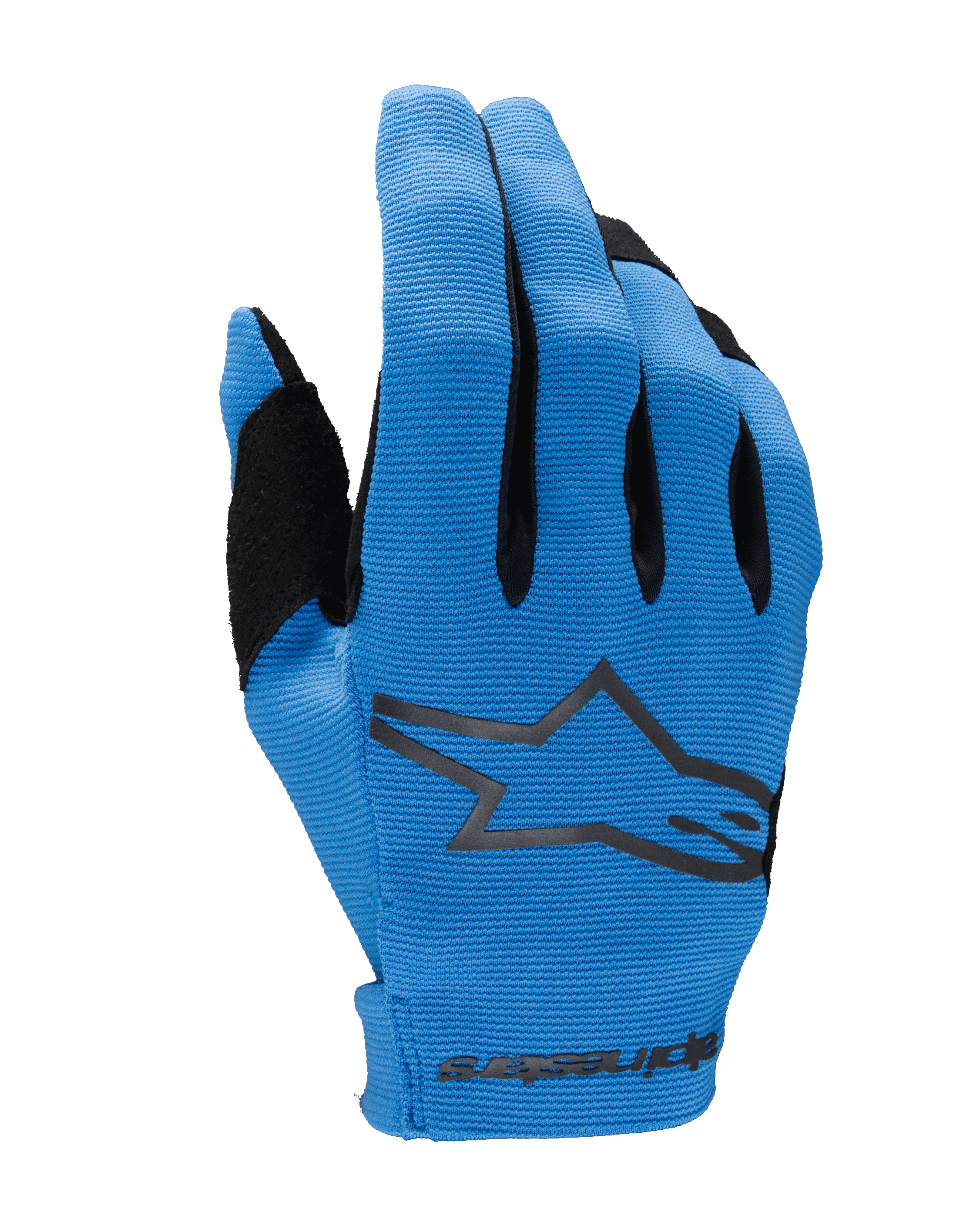 Alpinestars 2025 Radar handschoenen, motorcrosshandschoenen, blauw en zwart, bovenzijde met getextureerde stretchstof, groot zwart Alpinestars-sterlogo, versterkt duimgedeelte en naadloze polssluiting met merknaam