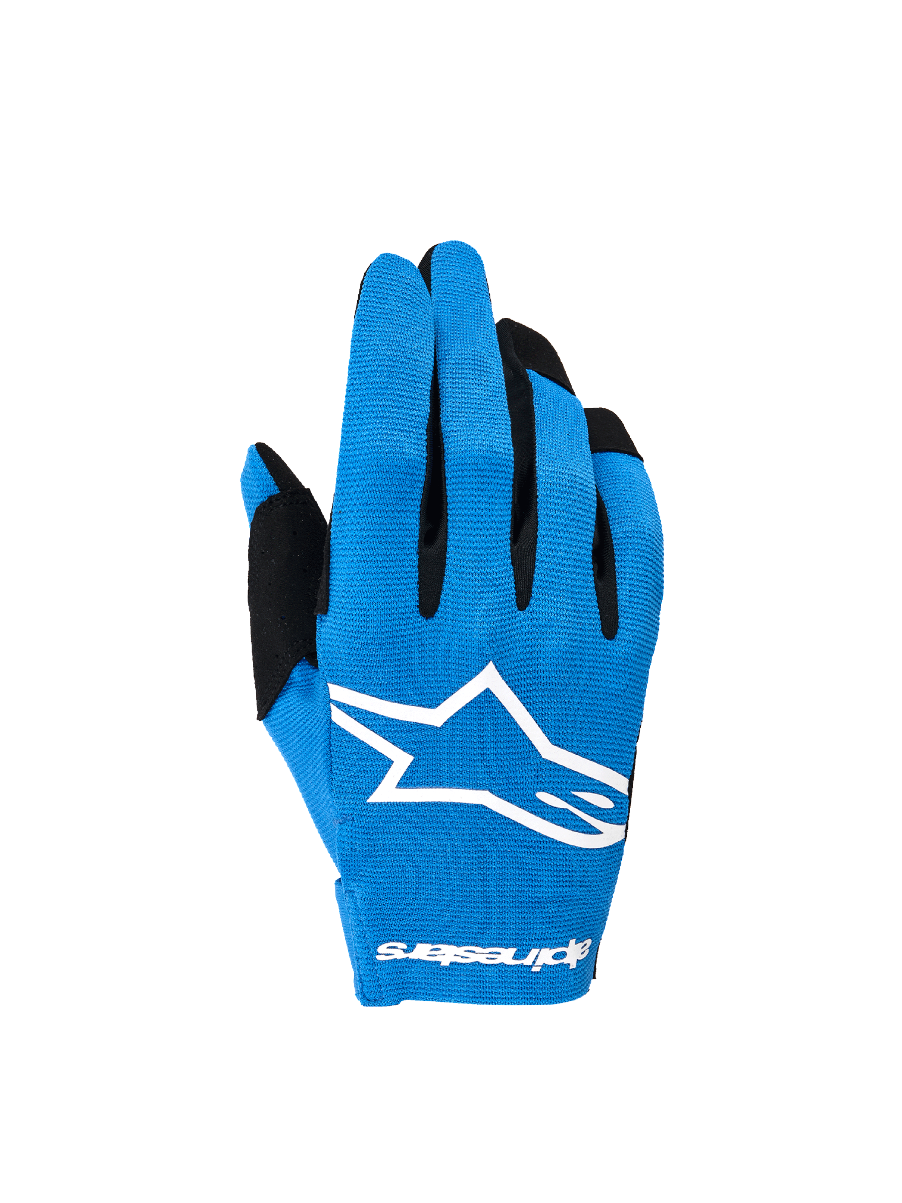 Alpinestars Radar handschoenen 2026, blauw-witte heren motorcrosshandschoenen met stretch rugzijde en wit Astars-logo.