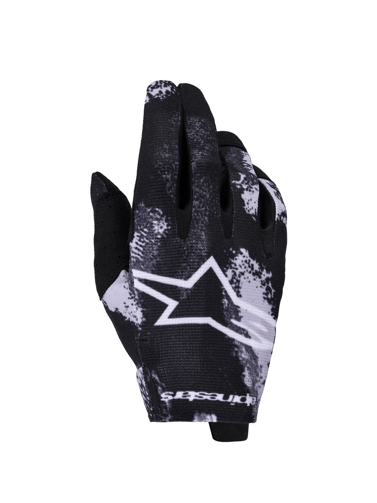 Alpinestars 2026 Radar Gloves, Motocross Gloves, Iron Camo Black and White, featuring a large white star logo, sublimated camouflage pattern, lightweight stretch fabric for off-road racing
