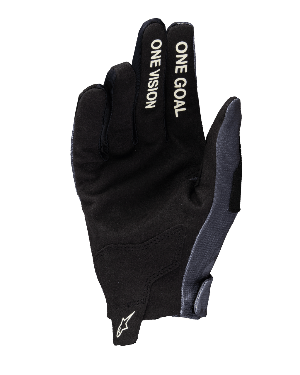 Alpinestars 2025 Radar Gloves, Motocross Gloves, Gray and Dark Camo, palm view featuring synthetic suede construction, white 'ONE VISION' and 'ONE GOAL' text on fingers, and a white Astars logo on the wrist pull tab