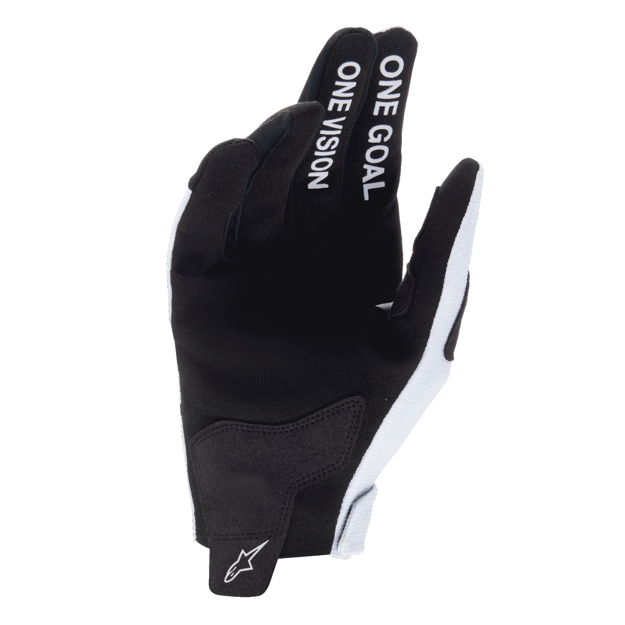 Alpinestars 2025 Radar handschoenen, motorcross handschoenen, Haze Gray en zwart, handpalmweergave met synthetisch suède materiaal, 'ONE GOAL ONE VISION' tekst op wijs- en middelvinger, wit logo op de treklus, duurzaam off-road race-ontwerp