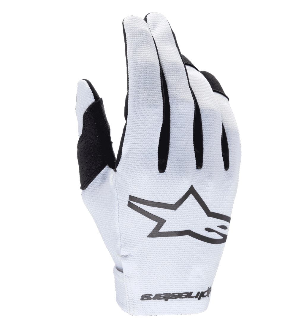 Alpinestars 2025 Radar handschoenen, motorcross handschoenen, wit en zwart, met een getextureerde synthetische handrug en een opvallend zwart sterlogo, zwarte accenten tussen de vingers, naadloze polssluiting met merknaam, lichtgewicht nauwsluitend ontwerp voor off-road racing