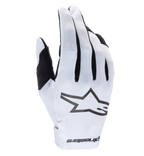 Alpinestars 2025 Radar handschoenen, motorcross handschoenen, wit en zwart, met een getextureerde synthetische handrug en een opvallend zwart sterlogo, zwarte accenten tussen de vingers, naadloze polssluiting met merknaam, lichtgewicht nauwsluitend ontwerp voor off-road racing