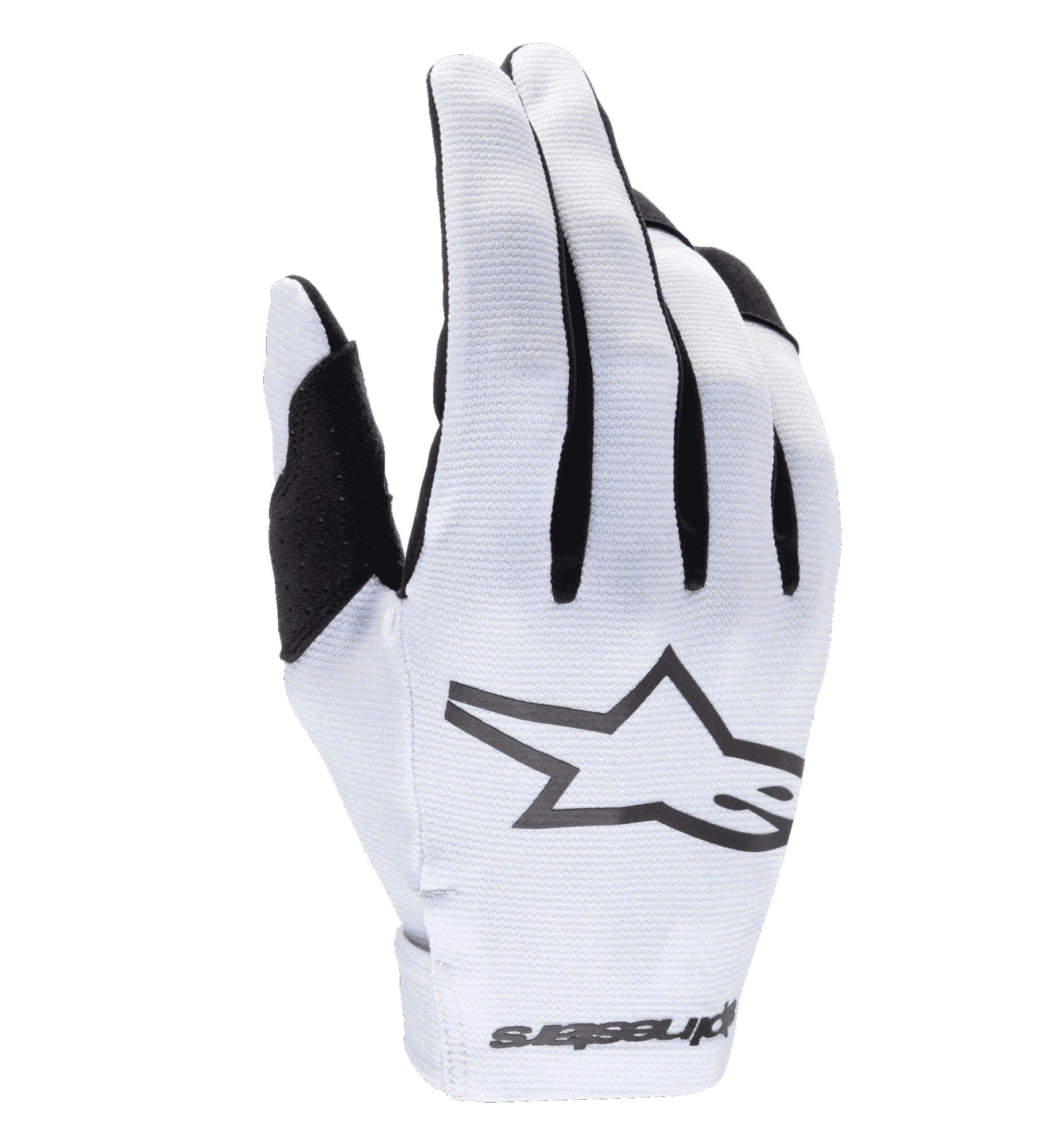 Alpinestars 2025 Radar handschoenen, motorcross handschoenen, wit en zwart, met een getextureerde synthetische handrug en een opvallend zwart sterlogo, zwarte accenten tussen de vingers, naadloze polssluiting met merknaam, lichtgewicht nauwsluitend ontwerp voor off-road racing