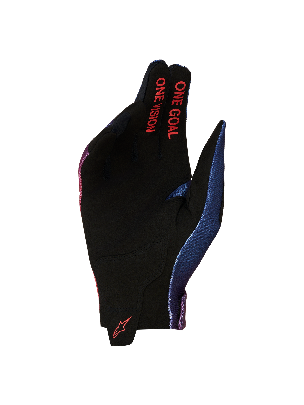 Alpinestars Radar handschoenen 2027, heren-motorcrosshandschoenen, zwart en rood, suède palm met One Goal One Vision branding