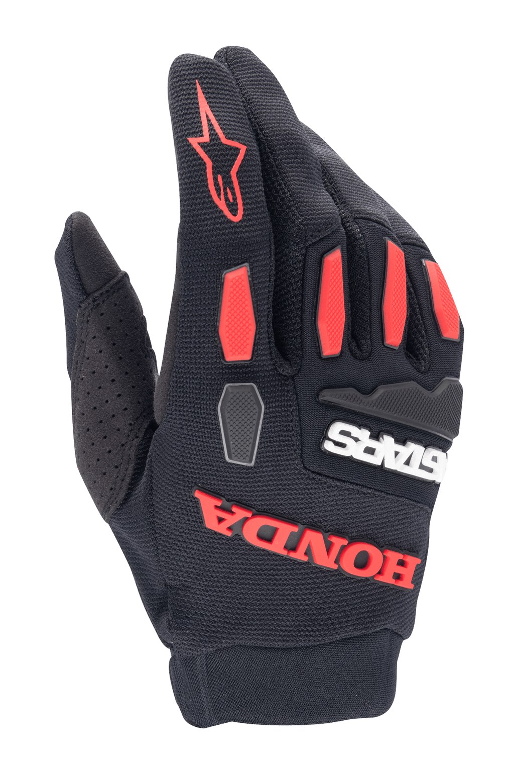 Alpinestars Honda Full Bore handschoenen, motorcross handschoenen, zwart met helderrode accenten, voorzien van TPR-knokkelbeschermers en opvallende rubberen Honda-branding, ademende stretch textielconstructie voor off-road rijden