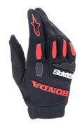 Alpinestars Honda Full Bore handschoenen, motorcross handschoenen, zwart met helderrode accenten, voorzien van TPR-knokkelbeschermers en opvallende rubberen Honda-branding, ademende stretch textielconstructie voor off-road rijden