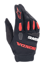 Alpinestars Honda Full Bore handschoenen, motorcross handschoenen, zwart met helderrode accenten, voorzien van TPR-knokkelbeschermers en opvallende rubberen Honda-branding, ademende stretch textielconstructie voor off-road rijden