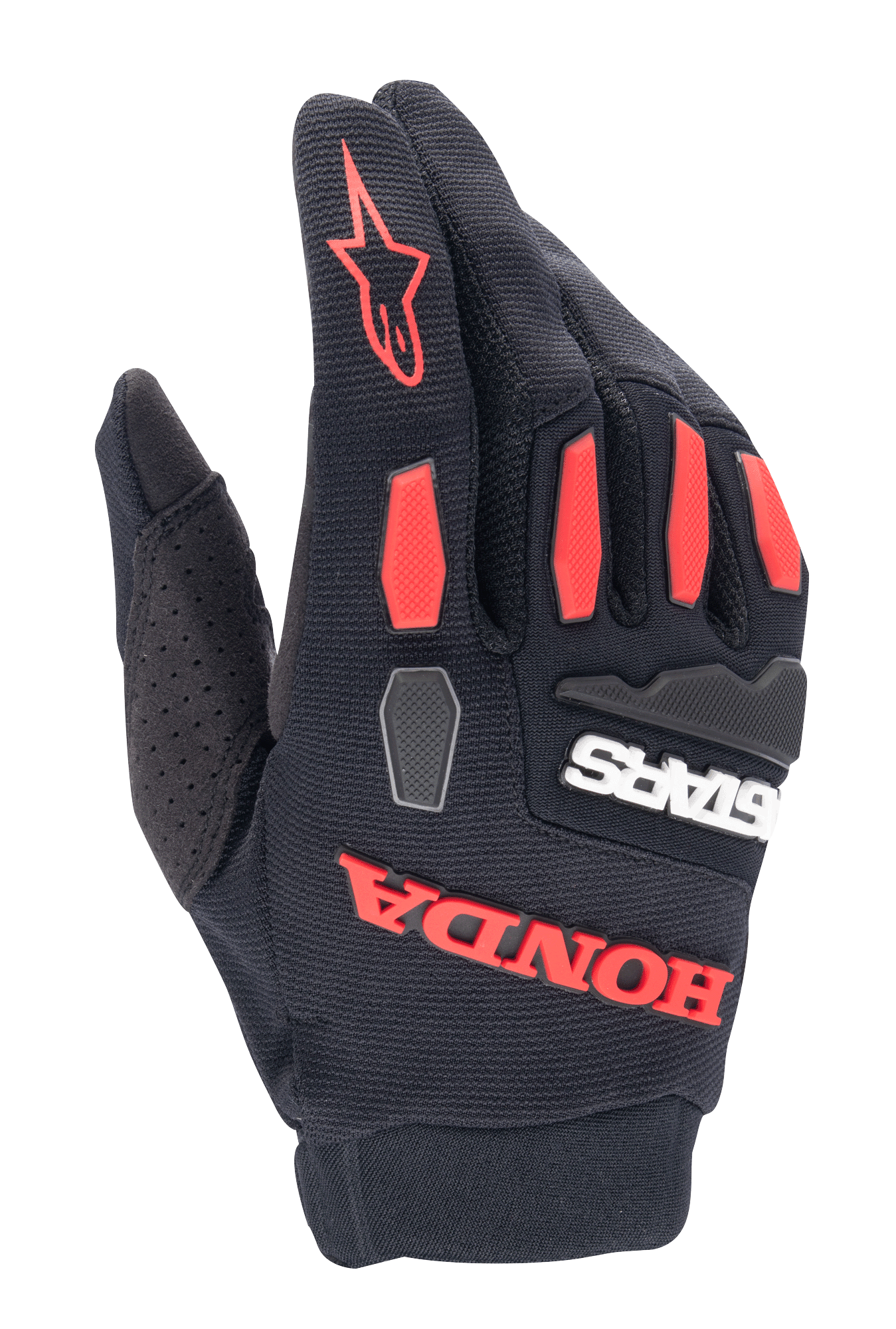 Alpinestars Honda Full Bore handschoenen, motorcross handschoenen, zwart met helderrode accenten, voorzien van TPR-knokkelbeschermers en opvallende rubberen Honda-branding, ademende stretch textielconstructie voor off-road rijden