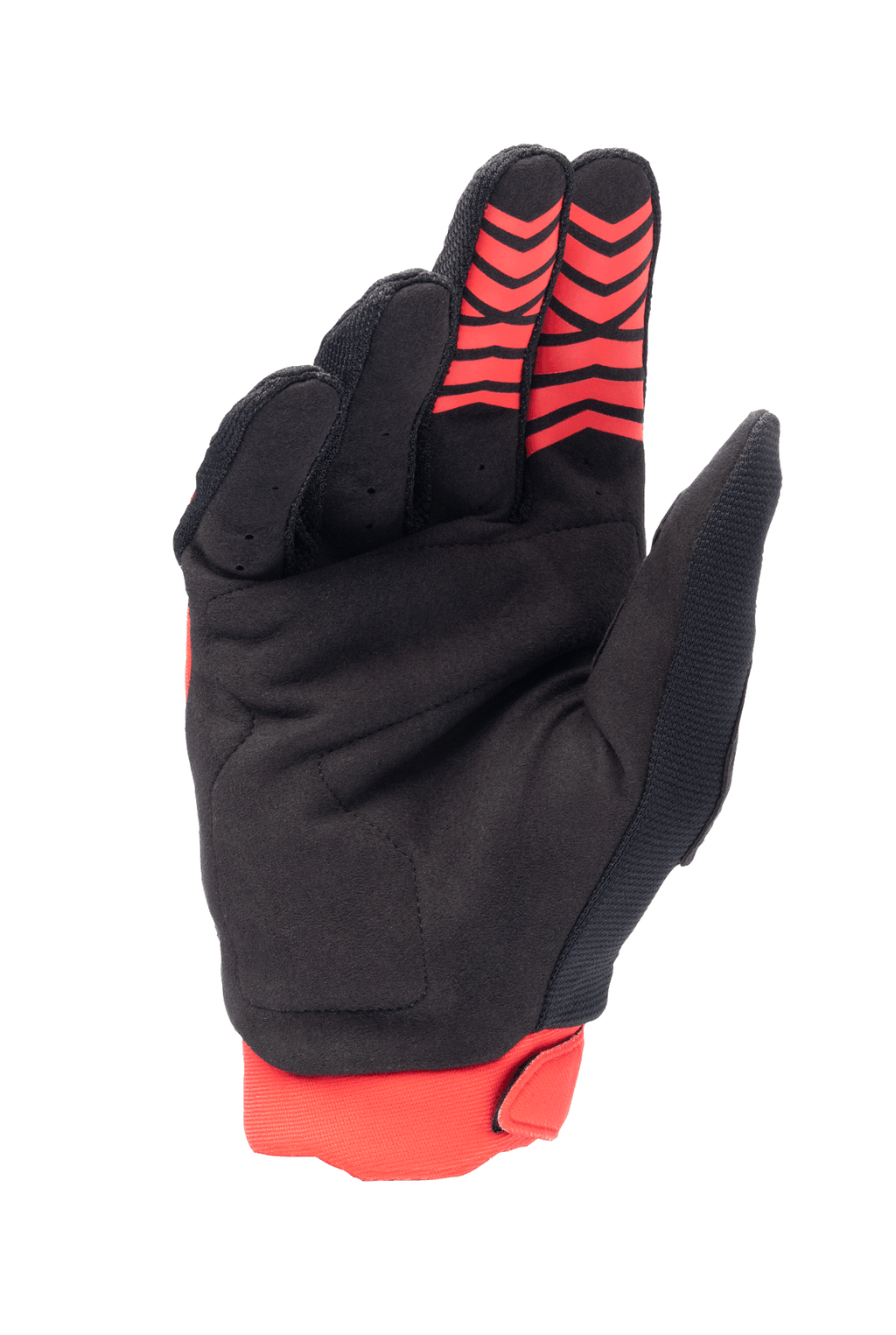 Alpinestars Honda Full Bore handschoenen, motorcrosshandschoenen, felrood en zwart, handpalmweergave met synthetisch suède materiaal en rode siliconen grippatronen op de vingertoppen, rode stretchmanchet, duurzaam ontwerp voor off-road racen