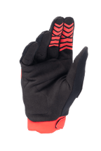 Alpinestars Honda Full Bore handschoenen, motorcrosshandschoenen, felrood en zwart, handpalmweergave met synthetisch suède materiaal en rode siliconen grippatronen op de vingertoppen, rode stretchmanchet, duurzaam ontwerp voor off-road racen