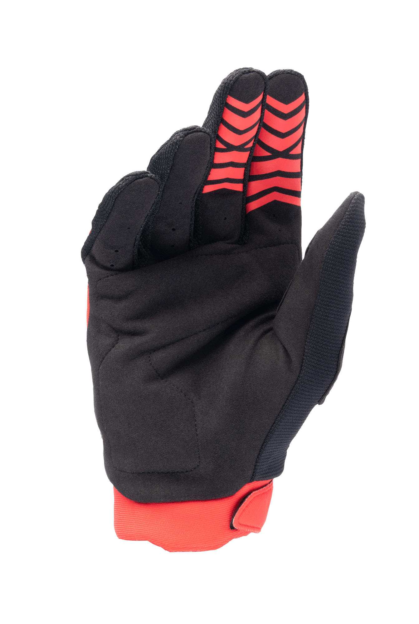 Alpinestars Honda Full Bore handschoenen, motorcrosshandschoenen, felrood en zwart, handpalmweergave met synthetisch suède materiaal en rode siliconen grippatronen op de vingertoppen, rode stretchmanchet, duurzaam ontwerp voor off-road racen