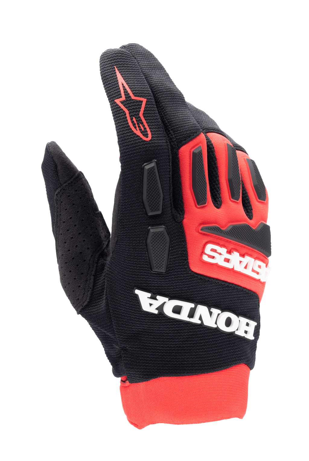 Alpinestars Honda Full Bore handschoenen, motorcross handschoenen, felrood en zwart, opvallende witte Honda- en Astars-branding, TPR-knokkelbeschermers, ademende stretchstof constructie, rood ster-logo op de vinger, sportief off-road race-ontwerp
