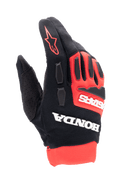 Alpinestars Honda Full Bore handschoenen, motorcross handschoenen, felrood en zwart, opvallende witte Honda- en Astars-branding, TPR-knokkelbeschermers, ademende stretchstof constructie, rood ster-logo op de vinger, sportief off-road race-ontwerp