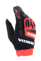 Alpinestars Honda Full Bore handschoenen, motorcross handschoenen, felrood en zwart, opvallende witte Honda- en Astars-branding, TPR-knokkelbeschermers, ademende stretchstof constructie, rood ster-logo op de vinger, sportief off-road race-ontwerp