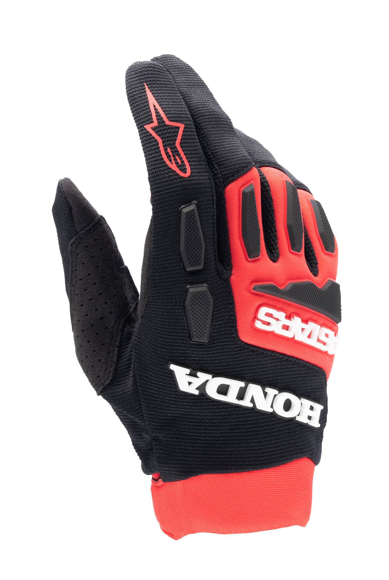 Alpinestars Honda Full Bore handschoenen, motorcross handschoenen, felrood en zwart, opvallende witte Honda- en Astars-branding, TPR-knokkelbeschermers, ademende stretchstof constructie, rood ster-logo op de vinger, sportief off-road race-ontwerp