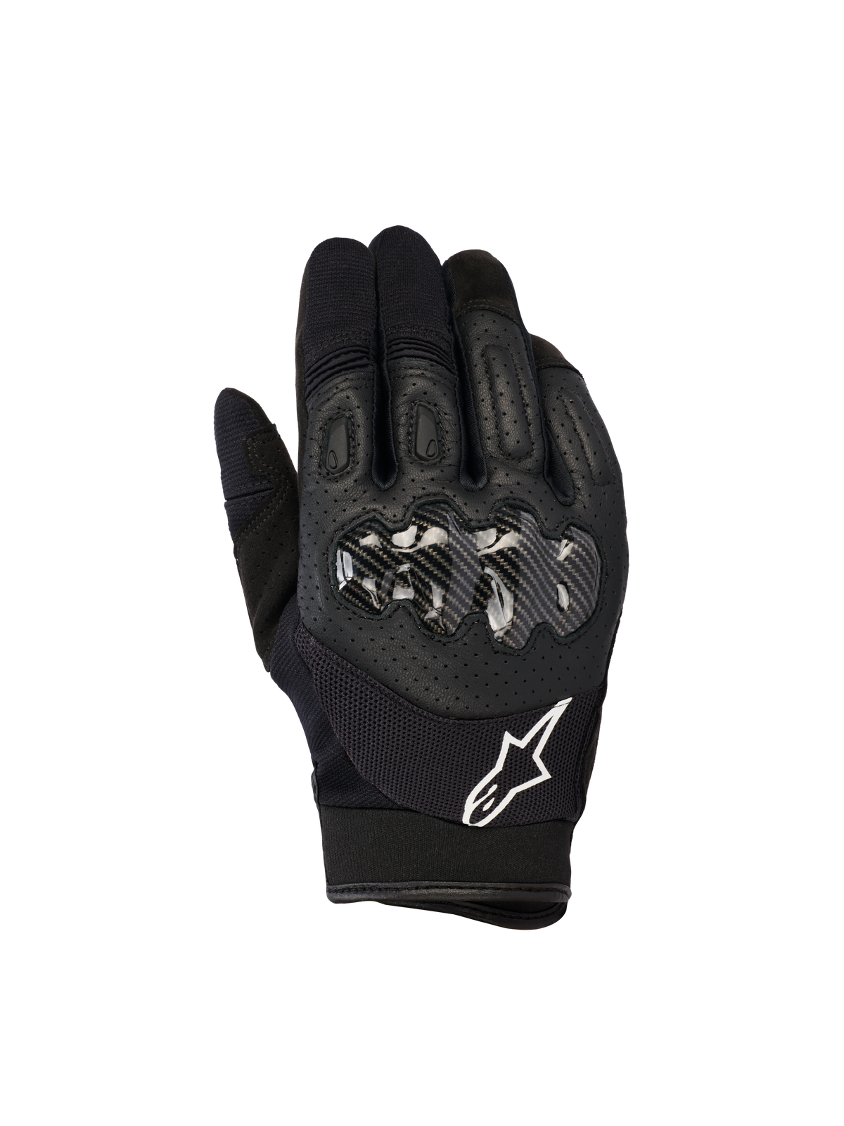 Alpinestars Megawatt V2 handschoenen, motorcross- en endurohandschoenen, zwart, voorzien van een harde knokkelprotector met carbon-look afwerking, geperforeerd leer op de bovenhand voor ademend vermogen, wit Alpinestars-logo op de manchet, duurzame off-road bescherming