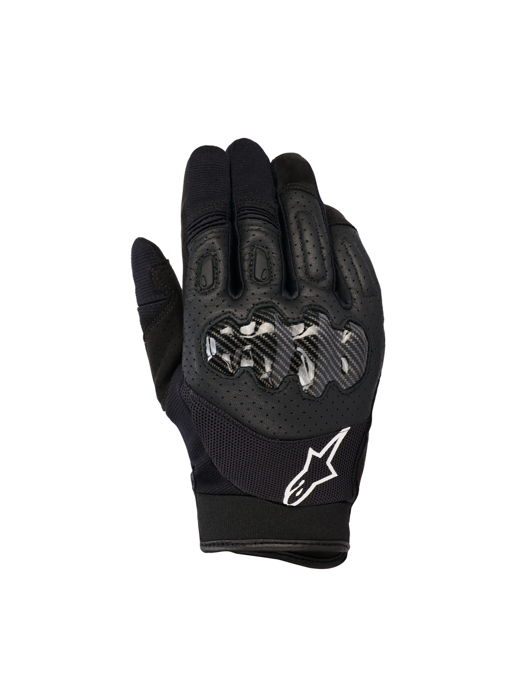 Alpinestars Megawatt V2 handschoenen, motorcross- en endurohandschoenen, zwart, voorzien van een harde knokkelprotector met carbon-look afwerking, geperforeerd leer op de bovenhand voor ademend vermogen, wit Alpinestars-logo op de manchet, duurzame off-road bescherming