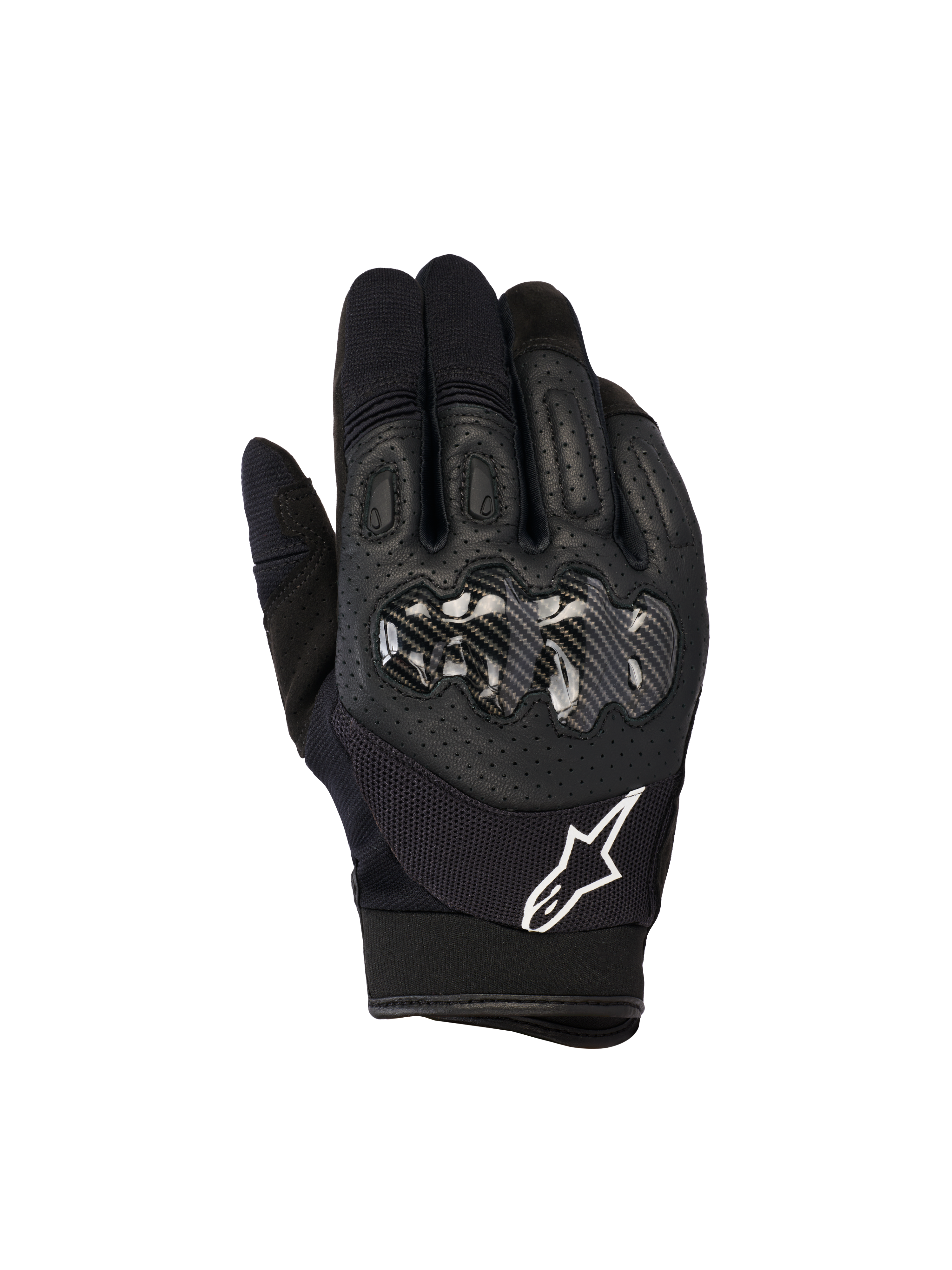 Alpinestars Megawatt V2 handschoenen, motorcross- en endurohandschoenen, zwart, voorzien van een harde knokkelprotector met carbon-look afwerking, geperforeerd leer op de bovenhand voor ademend vermogen, wit Alpinestars-logo op de manchet, duurzame off-road bescherming