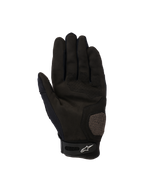 Alpinestars Megawatt V2-handschoenen, motocross- en endurohandschoenen, zwart, handpalmweergave met versterkte zones bij de duim en handpalm, geperforeerde details voor luchtstroom en een klittenbandsluiting aan de pols met het Alpinestars-logo.