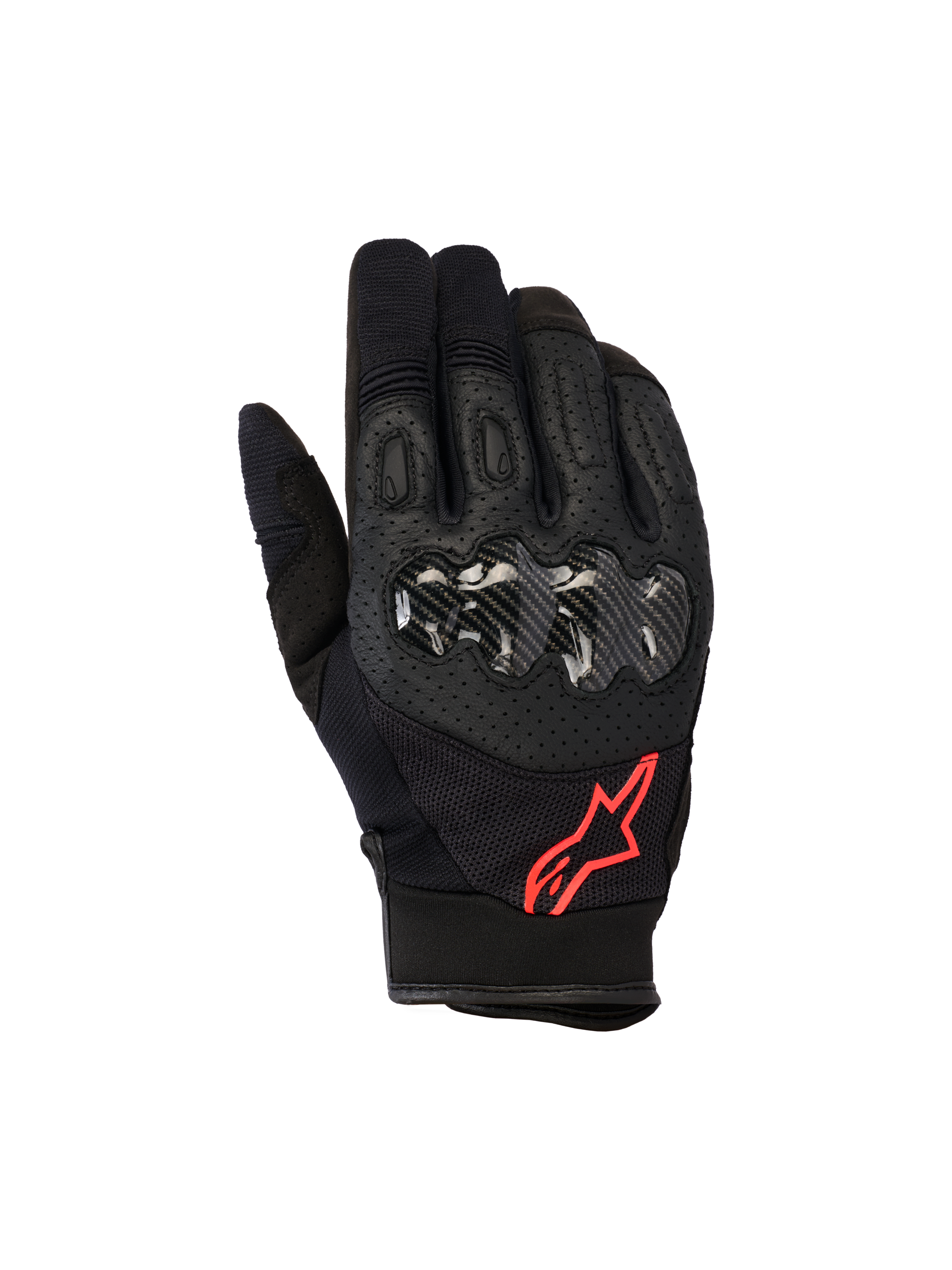 Alpinestars Megawatt V2 handschoenen, motorcrosshandschoenen, zwart en fluorood, voorzien van harde knokkelbescherming met carbon-textuur, geperforeerd leer voor ventilatie en een rood sterlogo, duurzame off-road uitrusting