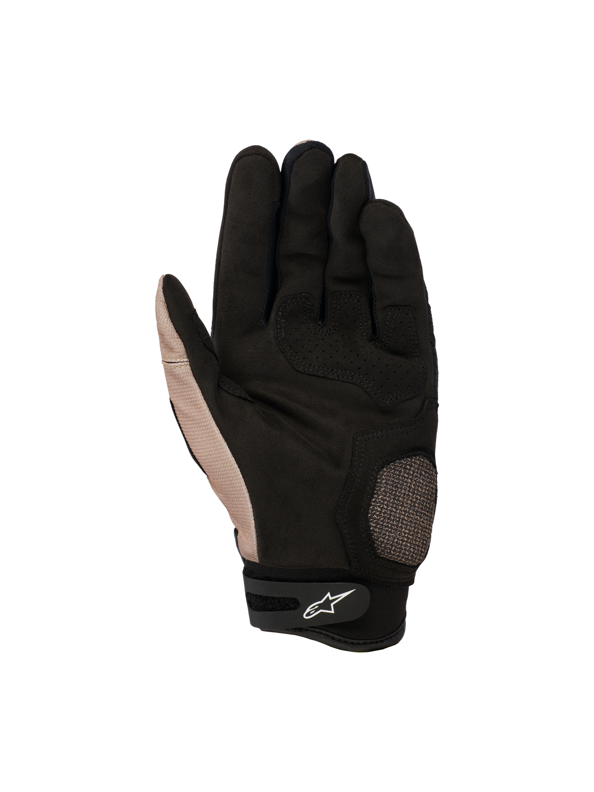 Alpinestars Megawatt V2 handschoenen, off-road motorcrosshandschoenen, Stone Black, handpalmweergave met versterkte duim en handpalm, getextureerde grip en klittenbandsluiting bij de pols met het witte Alpinestars-logo.
