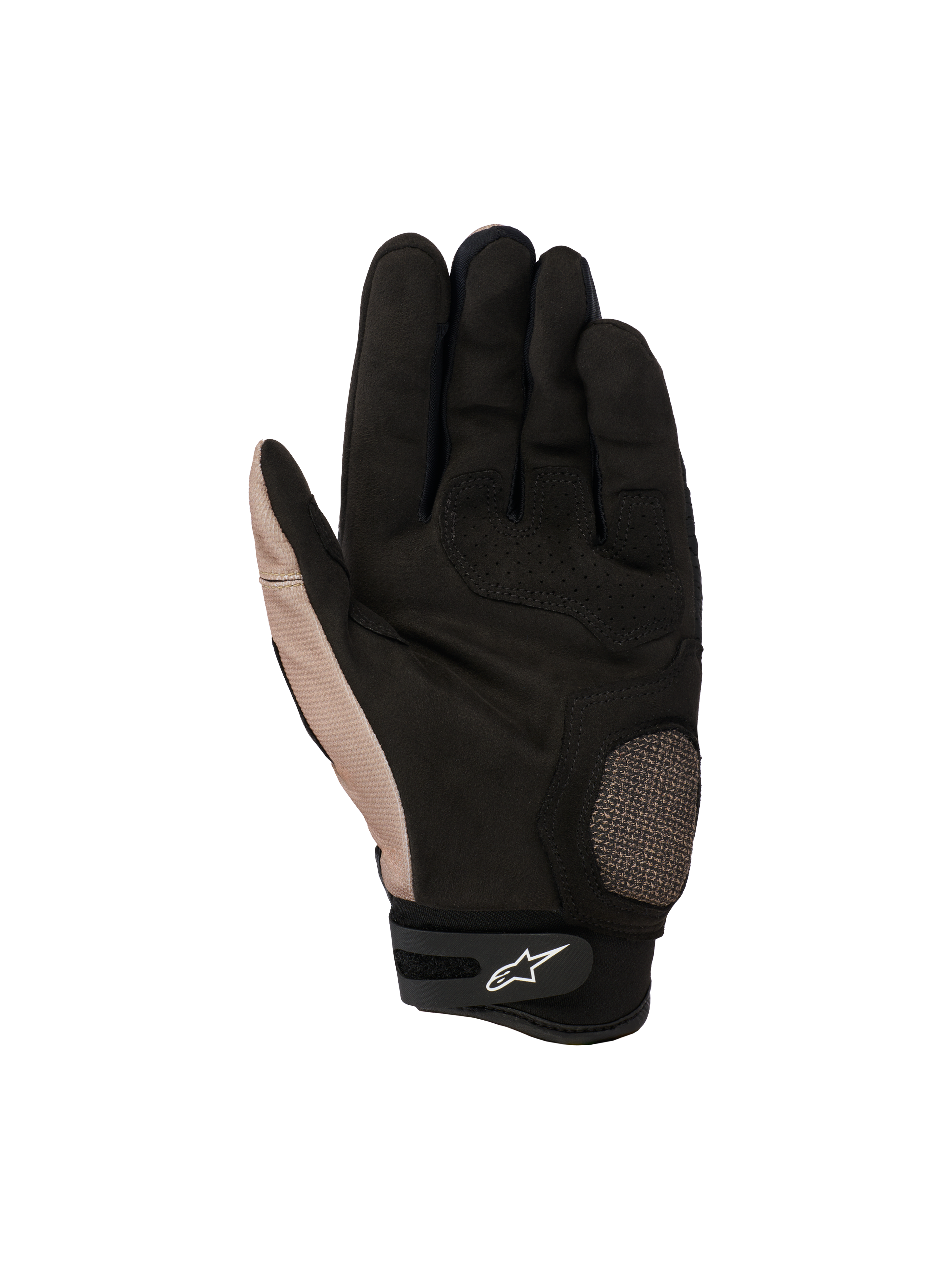 Alpinestars Megawatt V2 handschoenen, off-road motorcrosshandschoenen, Stone Black, handpalmweergave met versterkte duim en handpalm, getextureerde grip en klittenbandsluiting bij de pols met het witte Alpinestars-logo.