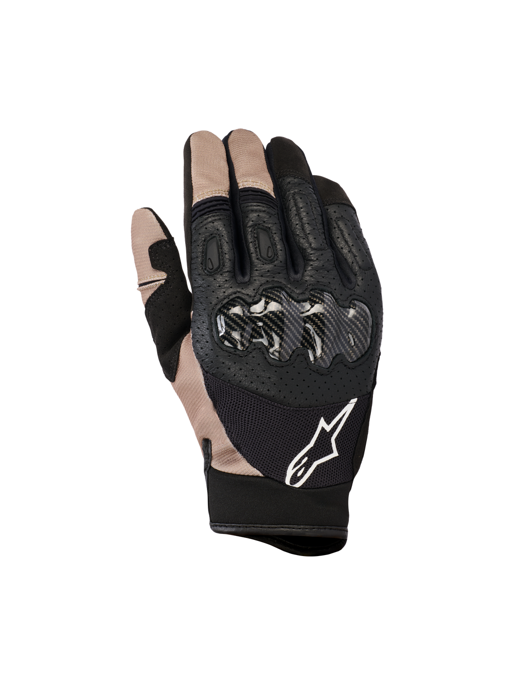 Alpinestars Megawatt V2 handschoenen, motocross- en endurohandschoenen, steenzwart en beige, carbonfiber knokkelbescherming, geperforeerd leer en mesh constructie, wit Alpinestars-logo
