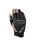 Alpinestars Megawatt V2 handschoenen, motocross- en endurohandschoenen, steenzwart en beige, carbonfiber knokkelbescherming, geperforeerd leer en mesh constructie, wit Alpinestars-logo