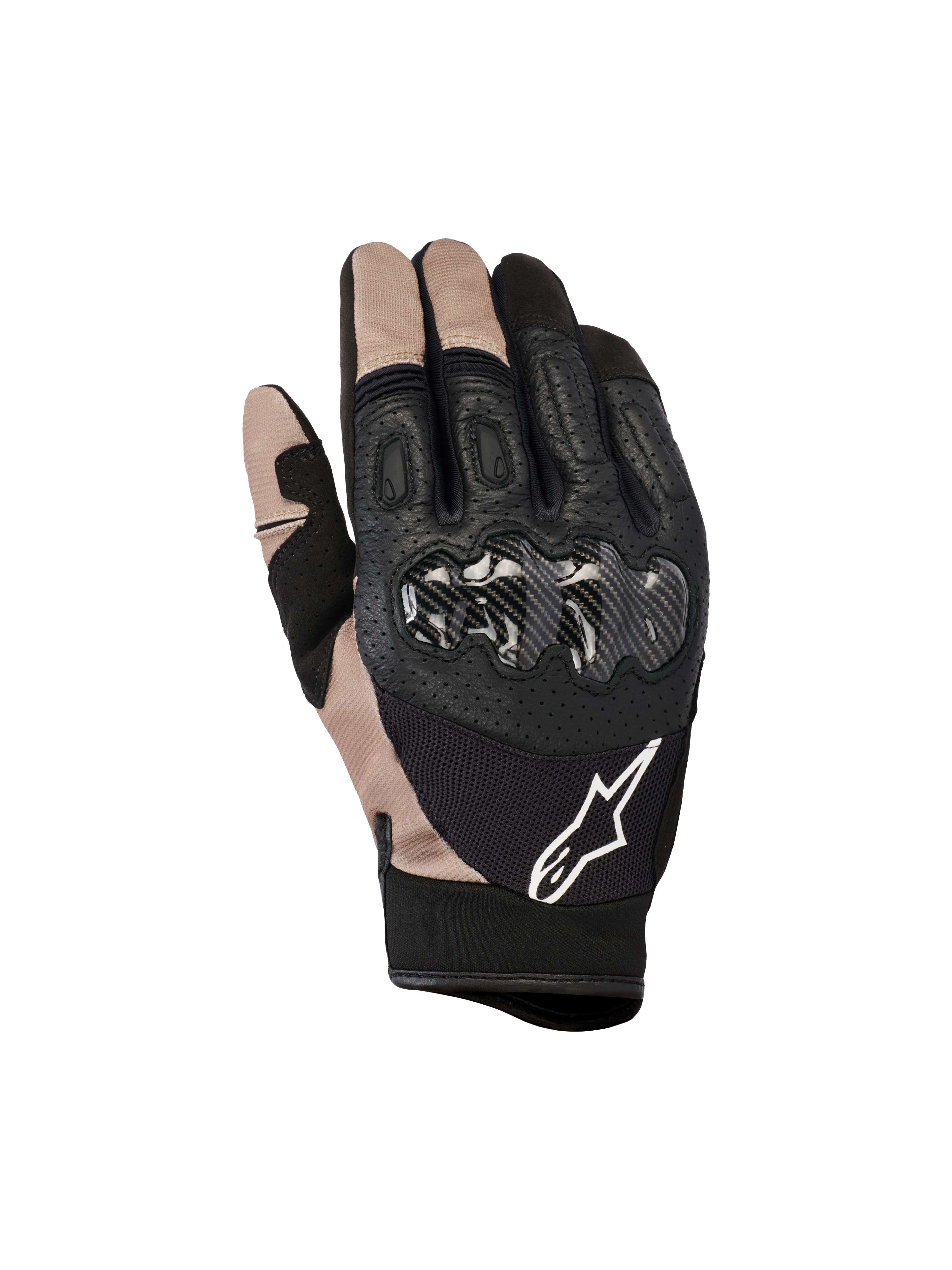 Alpinestars Megawatt V2 handschoenen, motocross- en endurohandschoenen, steenzwart en beige, carbonfiber knokkelbescherming, geperforeerd leer en mesh constructie, wit Alpinestars-logo