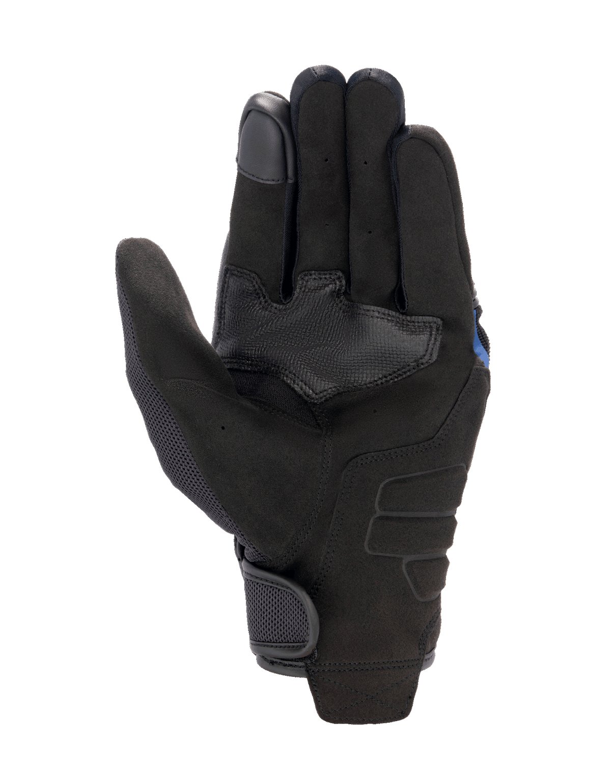Alpinestars FQ20 Copper handschoenen, urbane motorhandschoenen, zwart, aanzicht van de handpalm met synthetisch suède materiaal, getextureerde grip-verstevigingspatch, mesh-panelen op de duim en een klittenbandsluiting aan de pols.