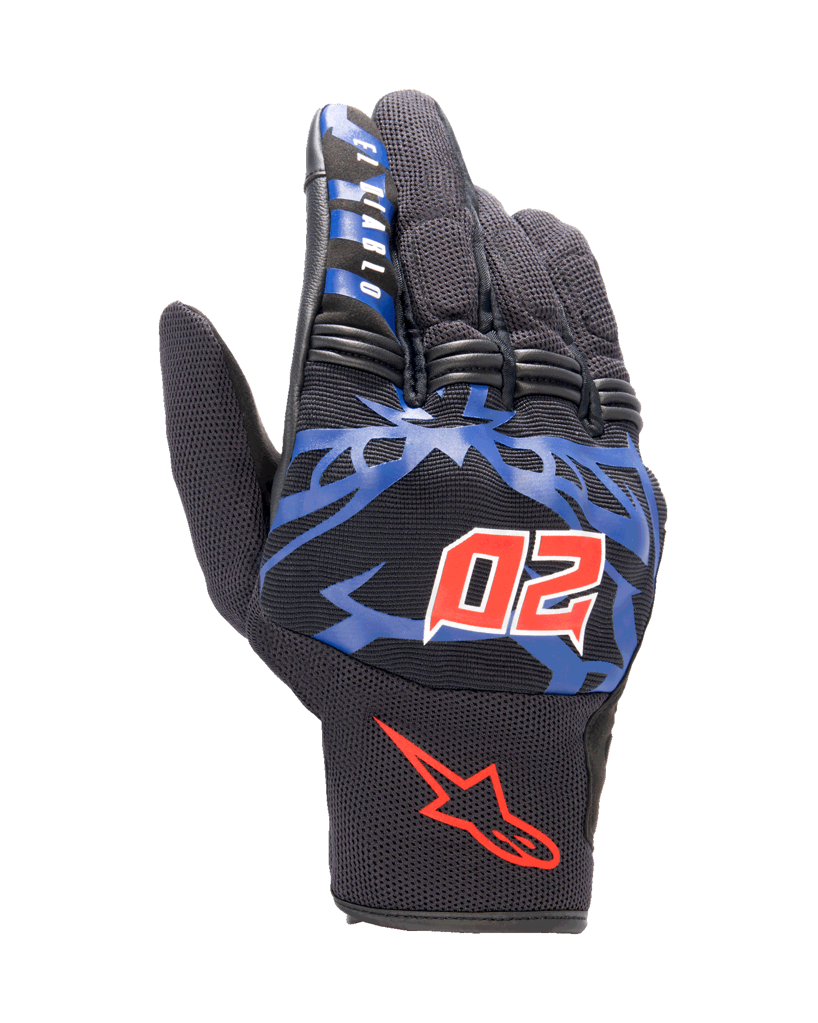 Alpinestars FQ20 Copper handschoenen, urban motorhandschoenen, zwart met blauwe graphics en felrode accenten, voorzien van het rode gehoornde nummer 20 en "El Diablo" tekst op de wijsvinger, mesh-constructie met een kort manchetontwerp
