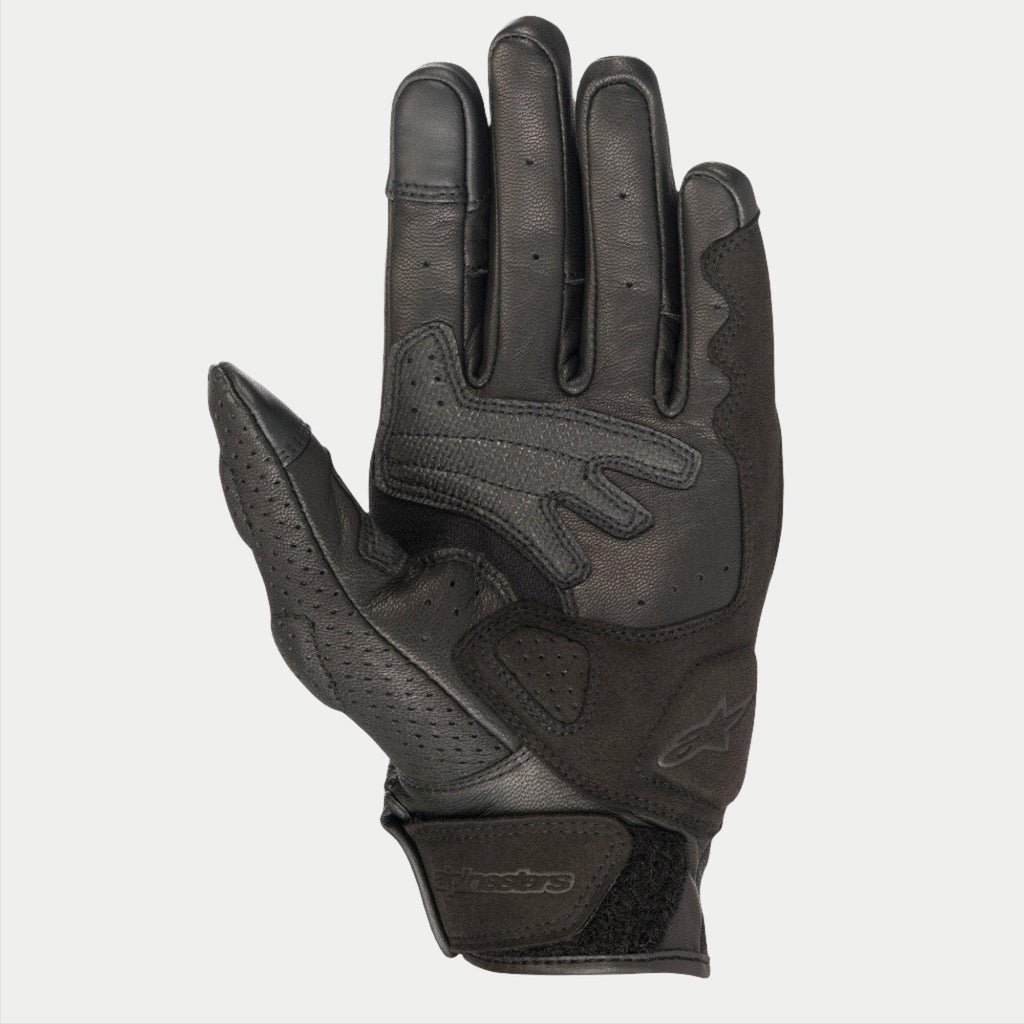 Alpinestars Mustang V2-handschoenen, zwarte leren motorhandschoenen, palmaanzicht met geperforeerd leer, synthetische suède versterkingen en klittenbandsluiting bij de pols, urban weguitrusting