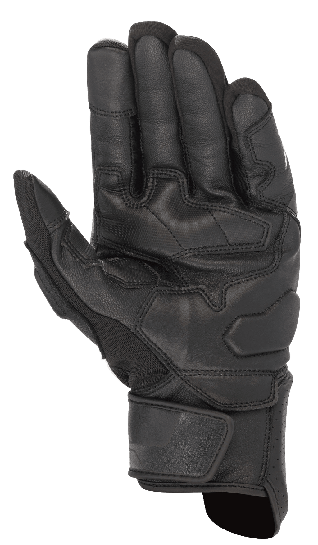 Alpinestars Booster V2 handschoenen, zwart, handpalm van de motorhandschoen met duurzame lederen constructie, versterkte grippanelen op de palm en duim, en een verstelbare polsband.