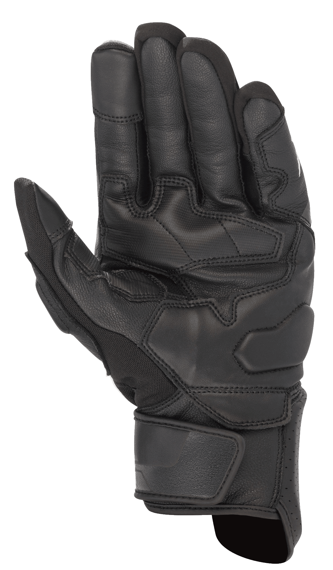 Alpinestars Booster V2 handschoenen, zwart, handpalm van de motorhandschoen met duurzame lederen constructie, versterkte grippanelen op de palm en duim, en een verstelbare polsband.