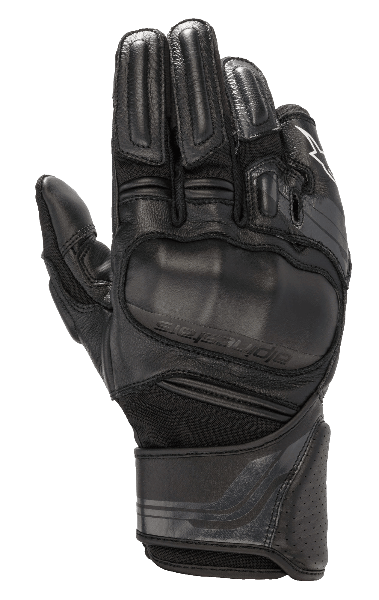 Alpinestars Booster V2 handschoenen, zwarte motorhandschoenen, voorzien van een overmolded visco-elastische knokkelbeschermer, multi-paneel constructie van leer en textiel, gewatteerde vingerbescherming, geperforeerd lederen manchet en verstelbare polsband