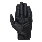 Alpinestars Celer V3 Gloves, Black Leather Motorcycle Gloves, Palm View showing reinforced padding and touchscreen-compatible fingertip, durable goat leather with subtle Alpinestars branding, short cuff road riding gear