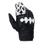 Alpinestars Celer V3 Gloves, Short Cuff Motorcycle Gloves, Black and White, featuring a white segmented hard knuckle protector, perforated goat leather construction, and white accents on the fingers with an embossed logo on the wrist