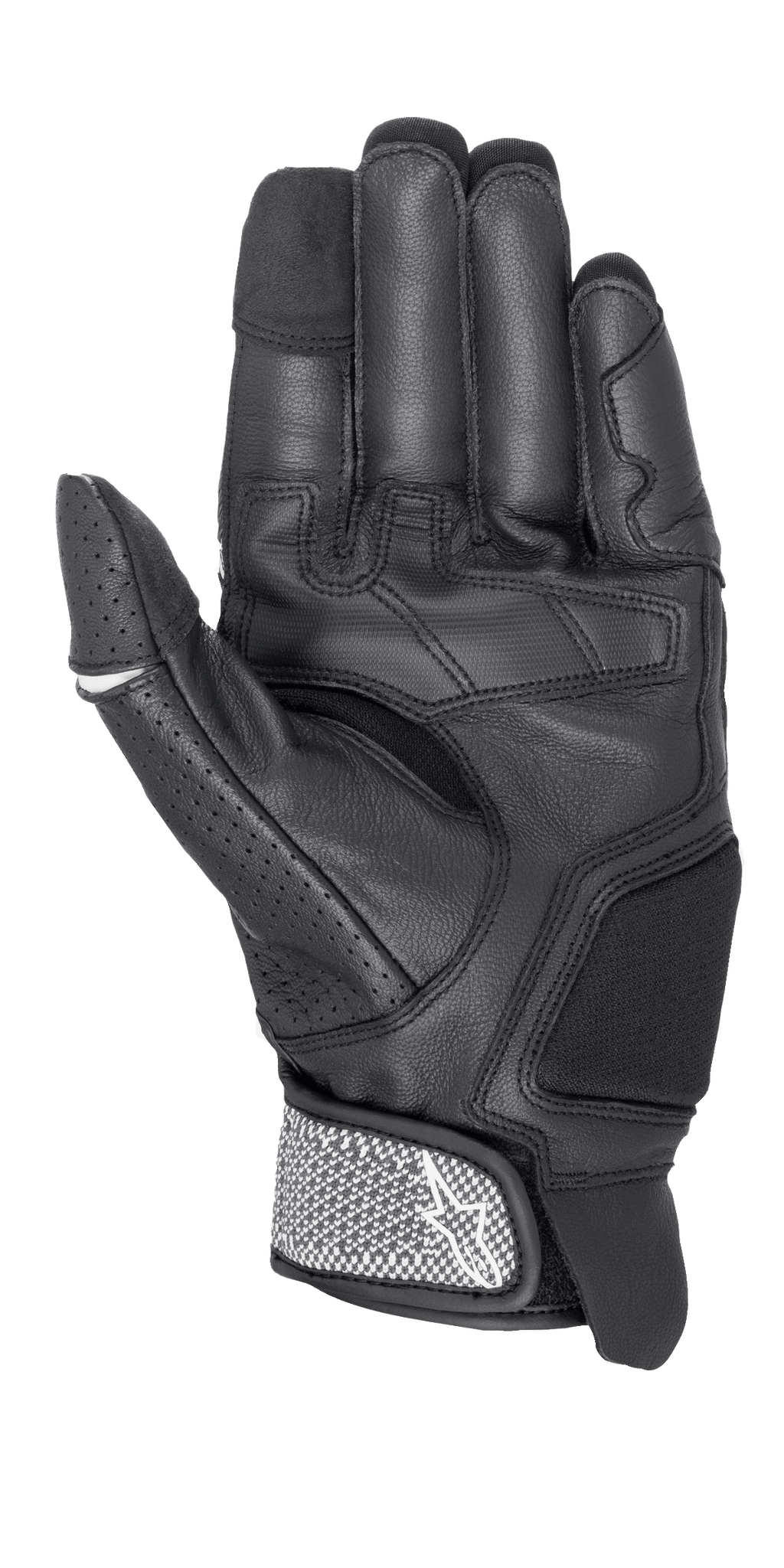 Alpinestars Morph Sport handschoenen, motorhandschoenen, zwart en wit, aanzicht van de handpalm met versterkte panelen, geperforeerde duim en getextureerde polsband met Alpinestars-logo