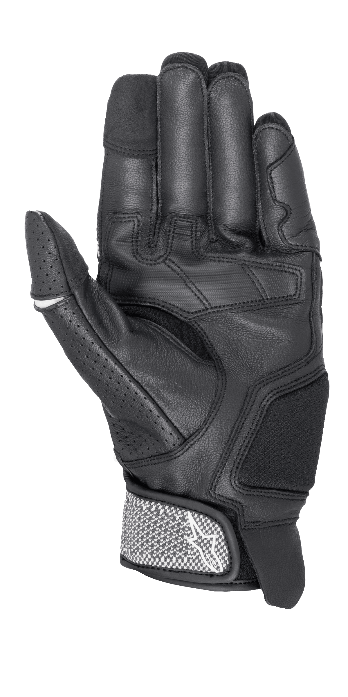 Alpinestars Morph Sport handschoenen, motorhandschoenen, zwart en wit, aanzicht van de handpalm met versterkte panelen, geperforeerde duim en getextureerde polsband met Alpinestars-logo