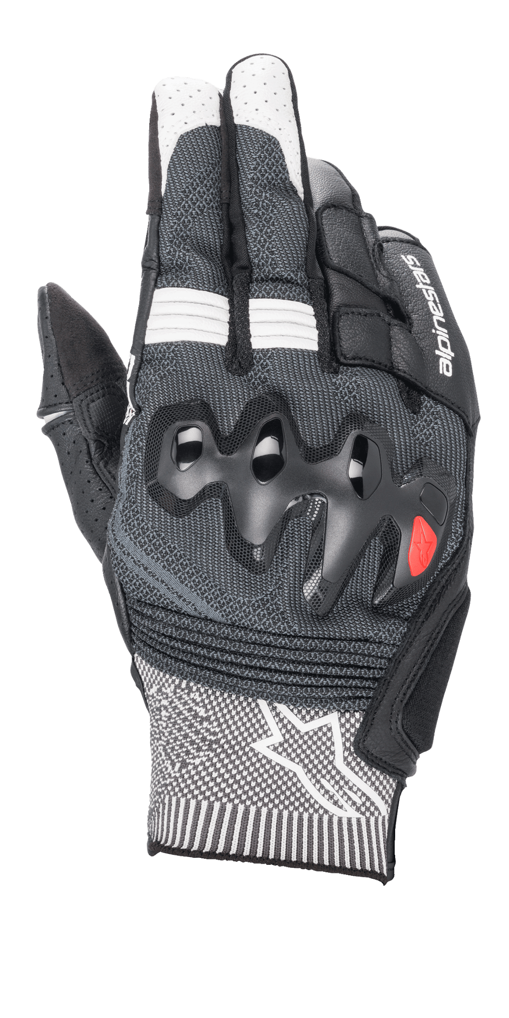 Alpinestars Morph Sport handschoenen, motorhandschoenen, zwart en wit, met een grijze MorphTech Weave rugzijde, over-geïnjecteerde knokkelbescherming, RIDEKNIT inzetstukken en een wit sterlogo op de manchet
