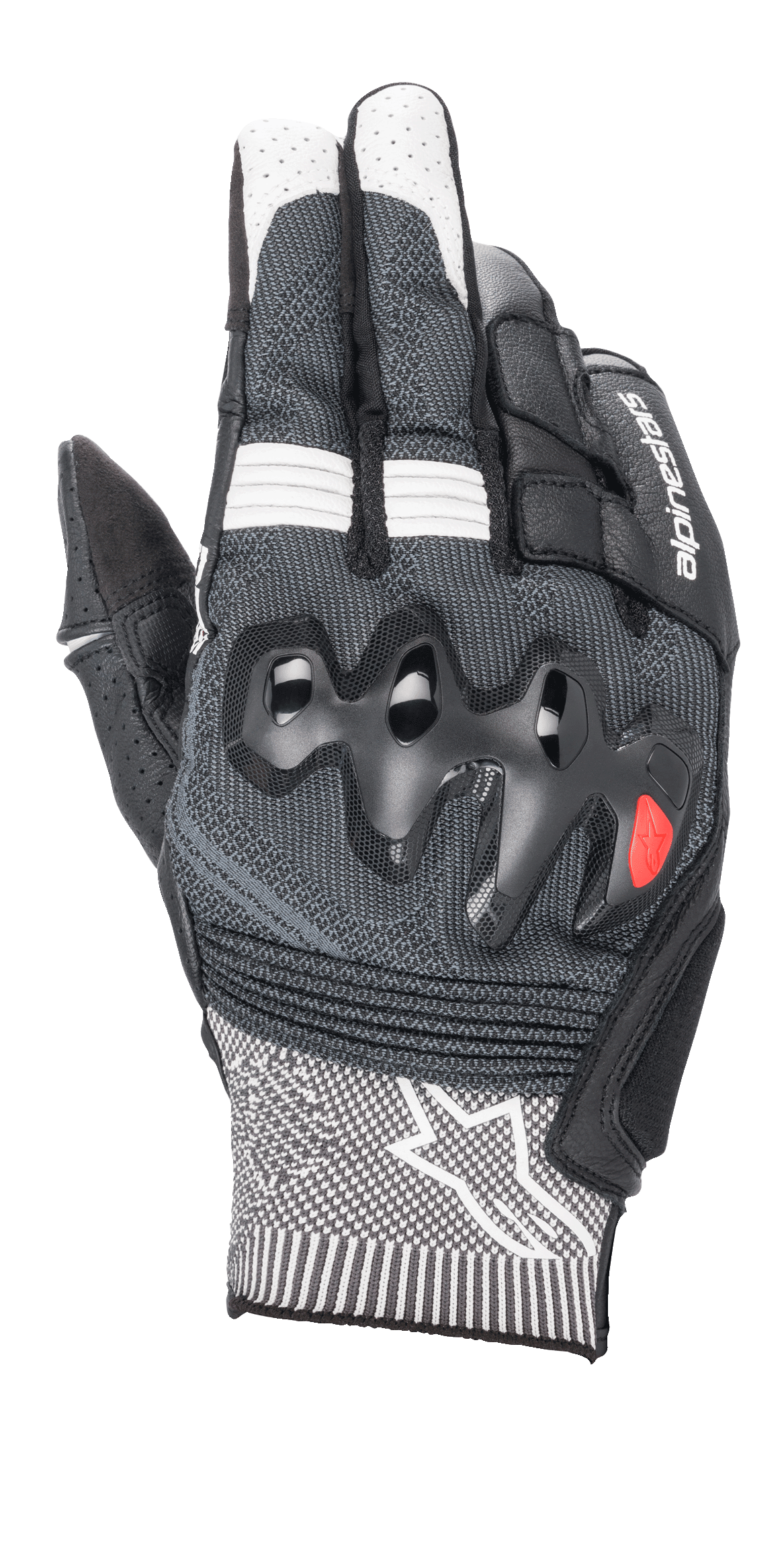 Alpinestars Morph Sport handschoenen, motorhandschoenen, zwart en wit, met een grijze MorphTech Weave rugzijde, over-geïnjecteerde knokkelbescherming, RIDEKNIT inzetstukken en een wit sterlogo op de manchet
