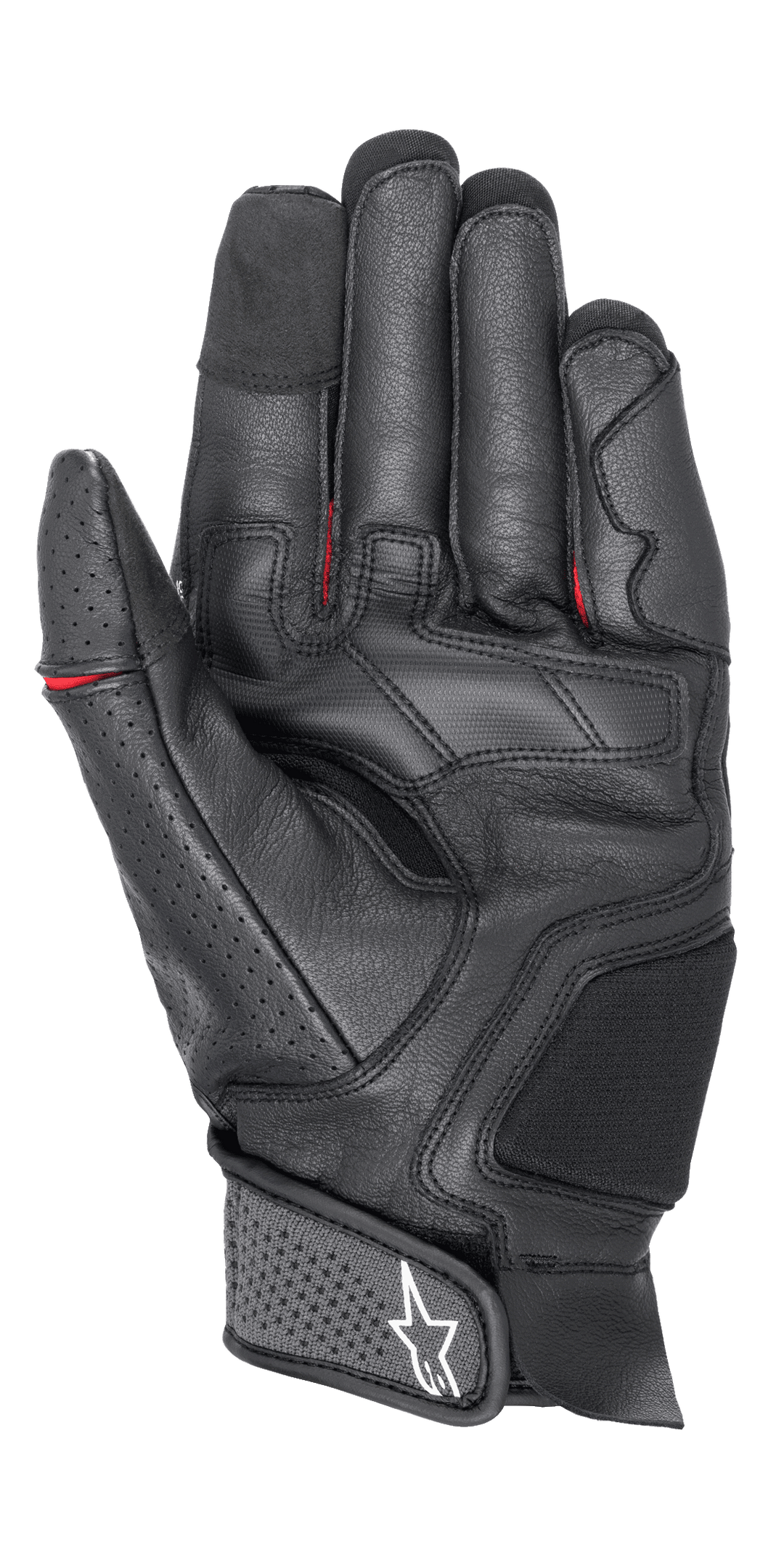 Alpinestars Morph Sport Gloves, Motorcycle Sport Gloves, Black and Bright Red, palm side view showcasing minimal seam leather construction, touchscreen compatible fingertips, white star logo on the wrist closure, and subtle red detailing between fingers.