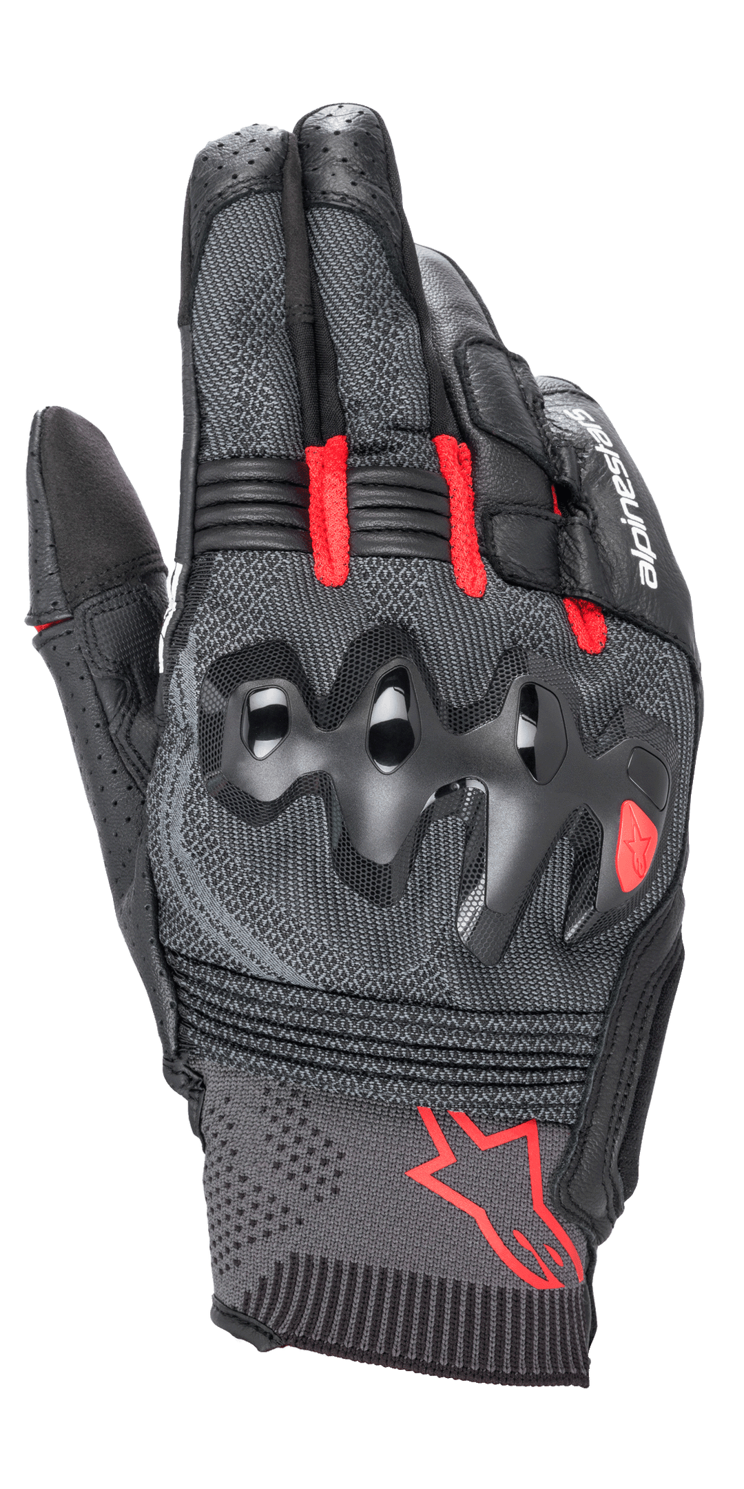 Alpinestars Morph Sport Gloves, Black and Bright Red, backhand view showing MorphTech Weave™ construction, over-injected dual-density knuckle protection, red accents and star logo, short-cuff performance motorcycle gloves