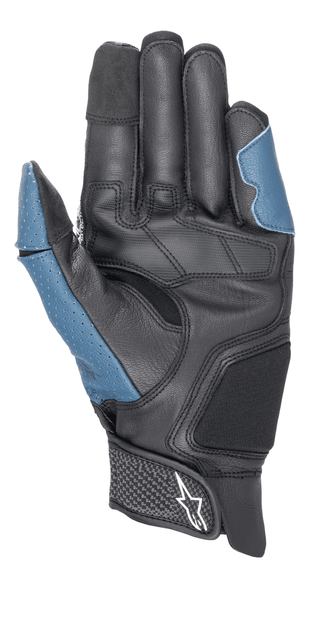 Alpinestars Morph Sport-handschoenen, handpalmzijde, zwart en Blue Sodalite, met versterkte lederen handpalm, geperforeerde blauwe panelen op de duim en buitenkant, korte manchet met klittenbandsluiting en Alpinestars-logo, sportieve motorhandschoenen voor op de weg