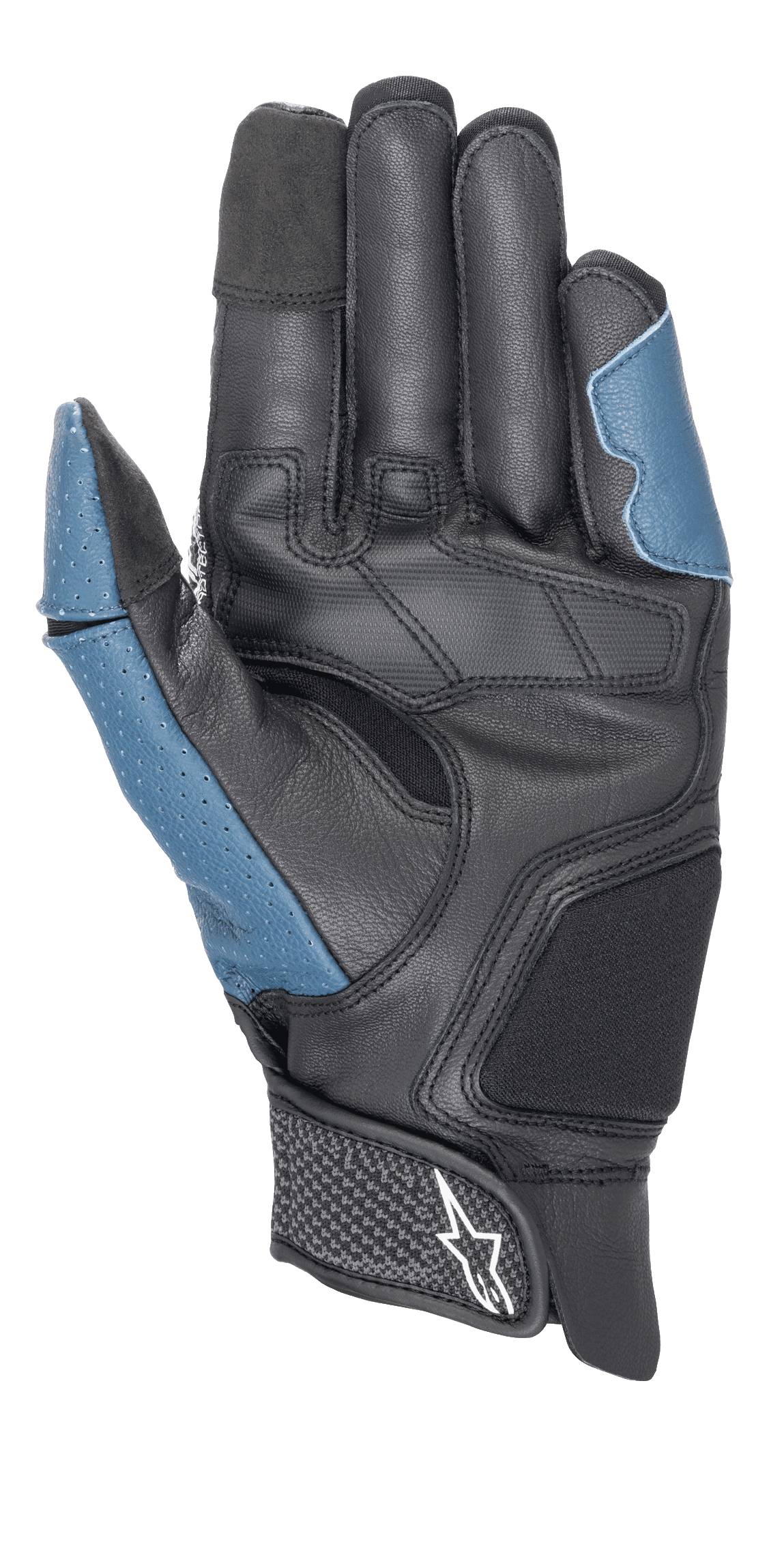 Alpinestars Morph Sport-handschoenen, handpalmzijde, zwart en Blue Sodalite, met versterkte lederen handpalm, geperforeerde blauwe panelen op de duim en buitenkant, korte manchet met klittenbandsluiting en Alpinestars-logo, sportieve motorhandschoenen voor op de weg