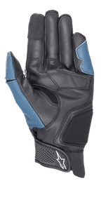 Alpinestars Morph Sport-handschoenen, handpalmzijde, zwart en Blue Sodalite, met versterkte lederen handpalm, geperforeerde blauwe panelen op de duim en buitenkant, korte manchet met klittenbandsluiting en Alpinestars-logo, sportieve motorhandschoenen voor op de weg
