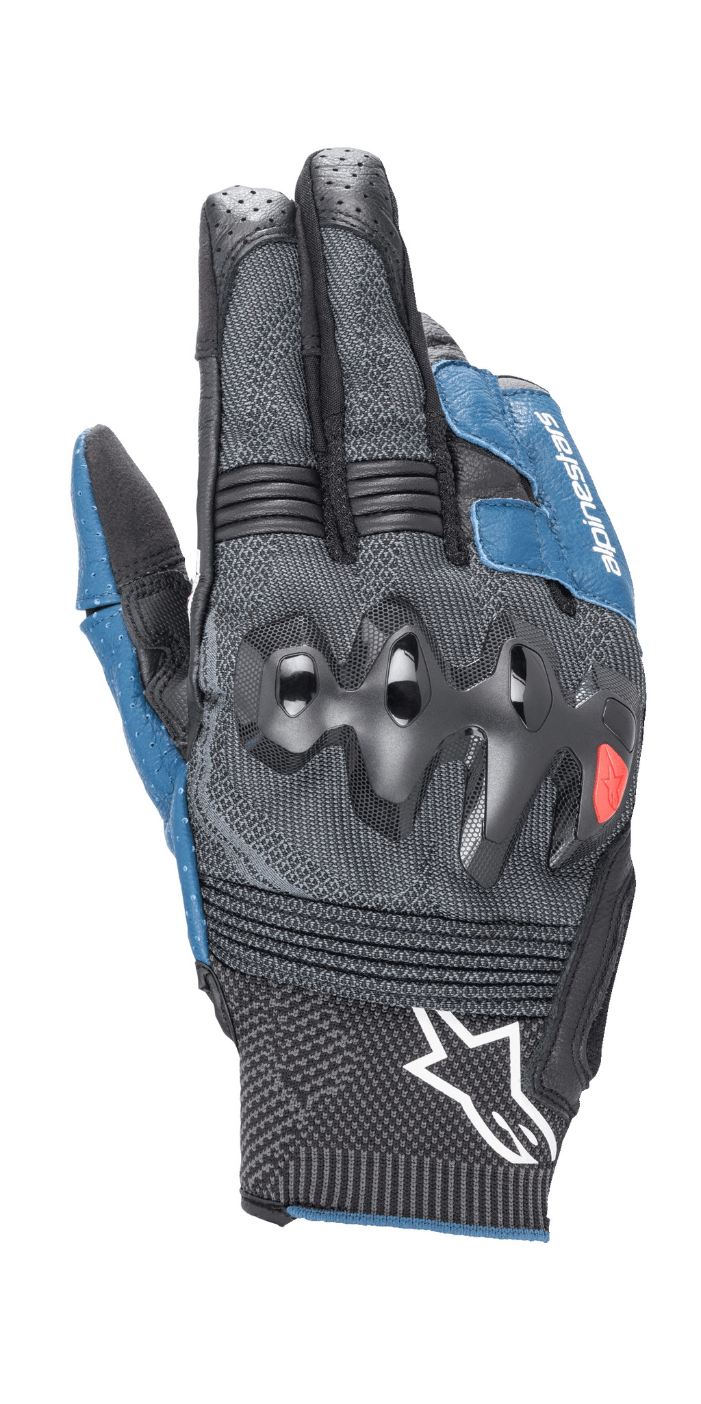 Alpinestars Morph Sport handschoenen, motorhandschoenen, zwart en blauw Sodalite, voorzien van over-geïnjecteerde knokkelbeschermers, MorphTech Weave handrug met RIDEKNIT-inzetstukken, wit sterlogo op de manchet, technisch getextureerde stof voor wegraces