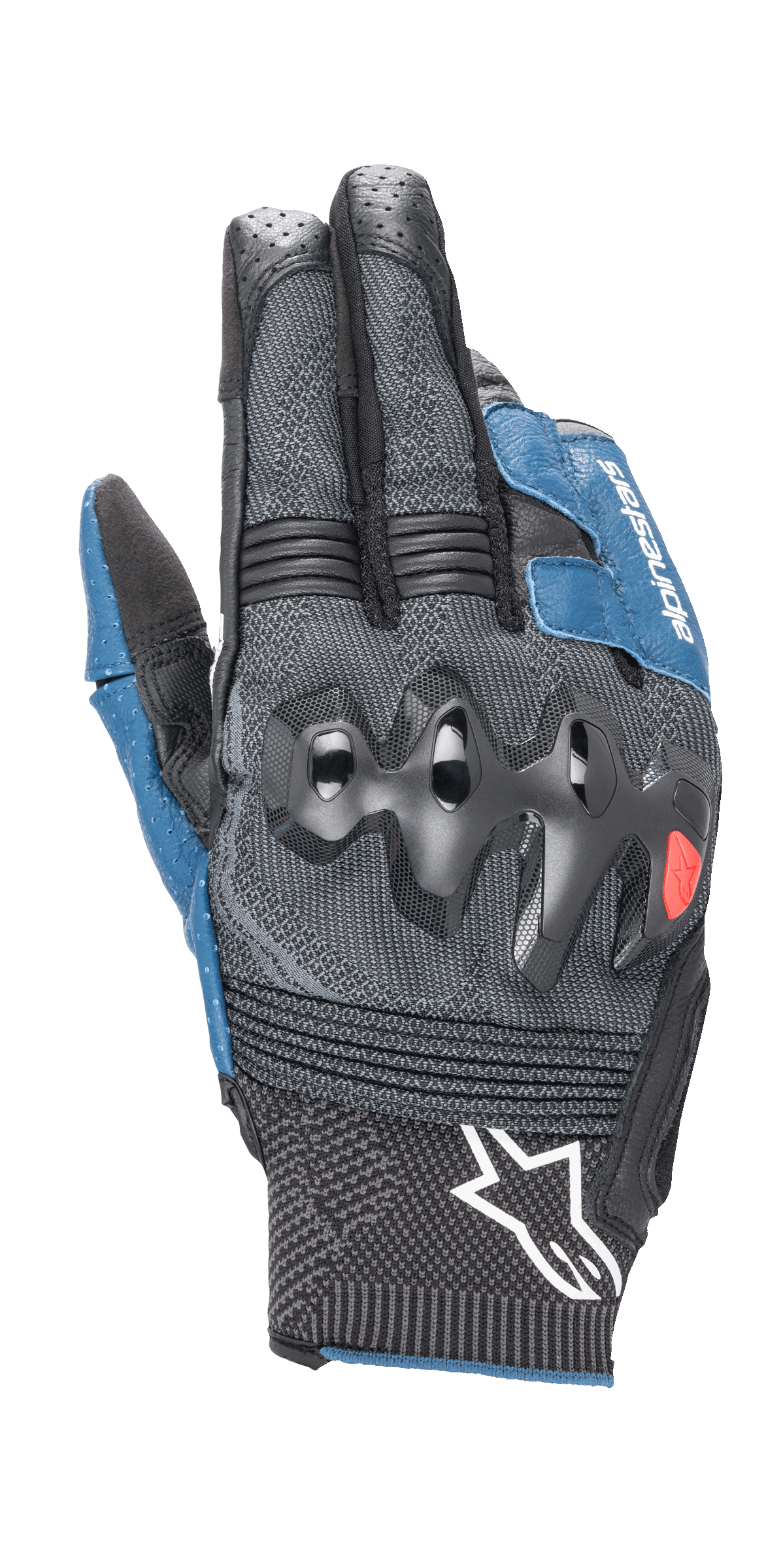 Alpinestars Morph Sport handschoenen, motorhandschoenen, zwart en blauw Sodalite, voorzien van over-geïnjecteerde knokkelbeschermers, MorphTech Weave handrug met RIDEKNIT-inzetstukken, wit sterlogo op de manchet, technisch getextureerde stof voor wegraces